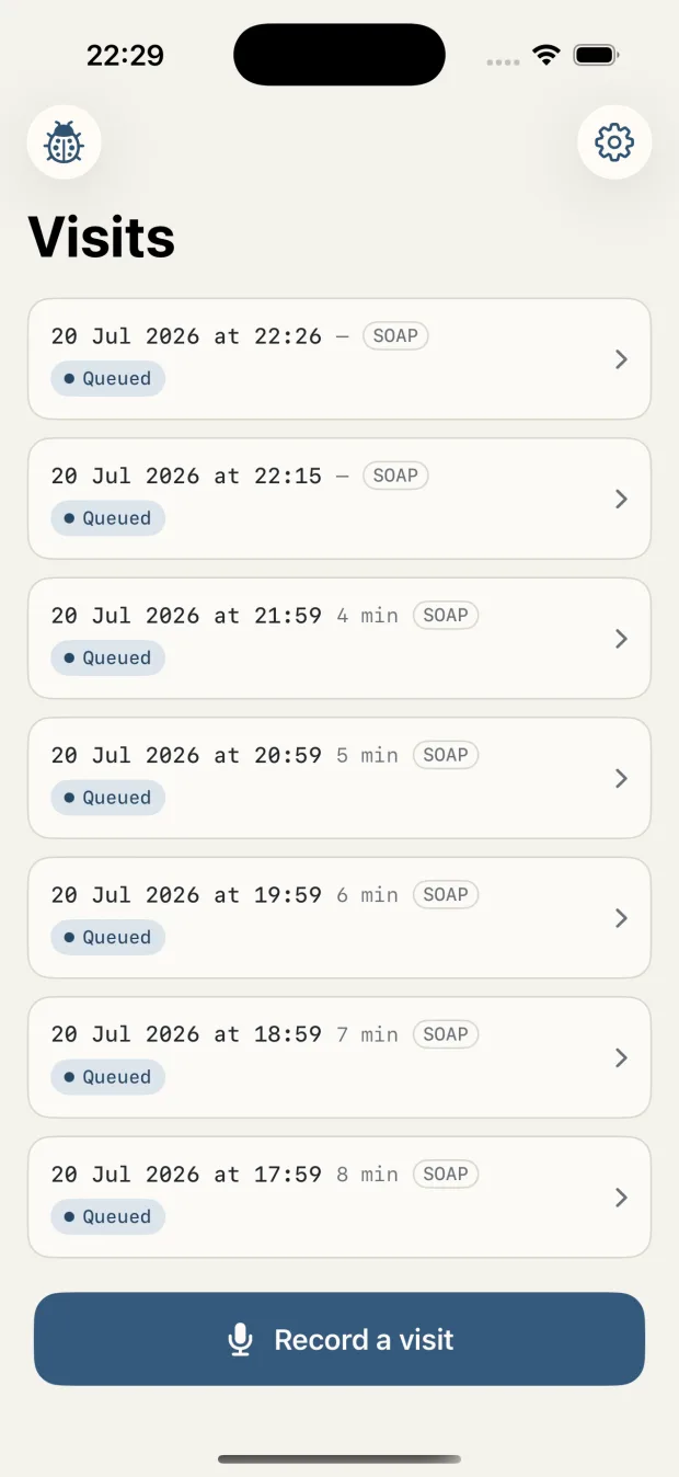 The notavik visit list showing recent visits with dates, durations and note format