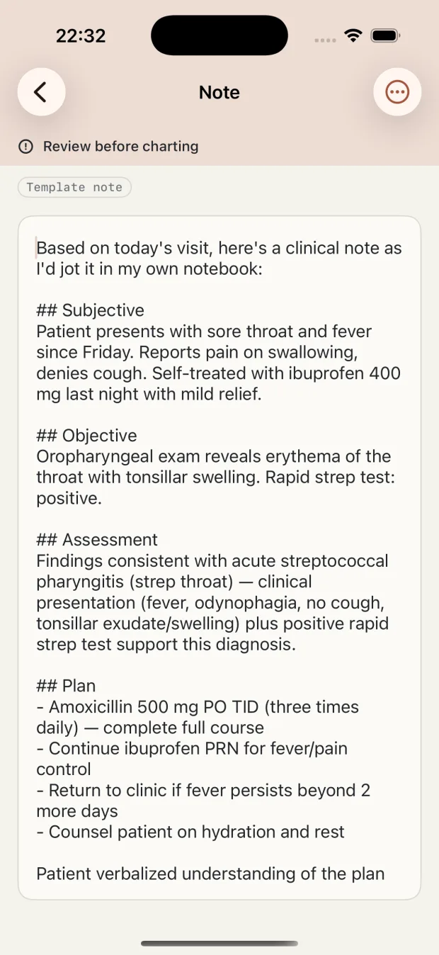 A drafted SOAP note in notavik with Subjective and Objective headings and a Review before charting banner across the top