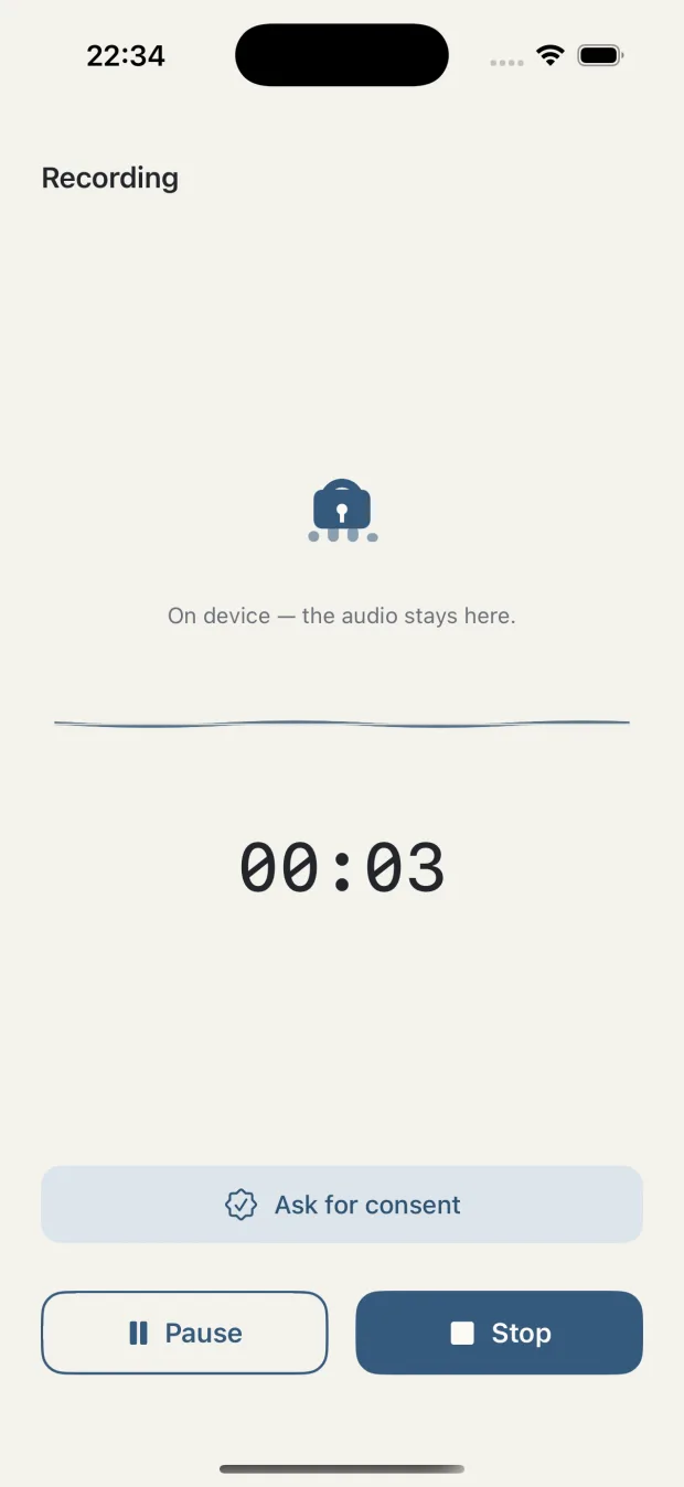 notavik recording a visit, showing an on-device lock indicator, a live waveform, a timer and an Ask for consent button